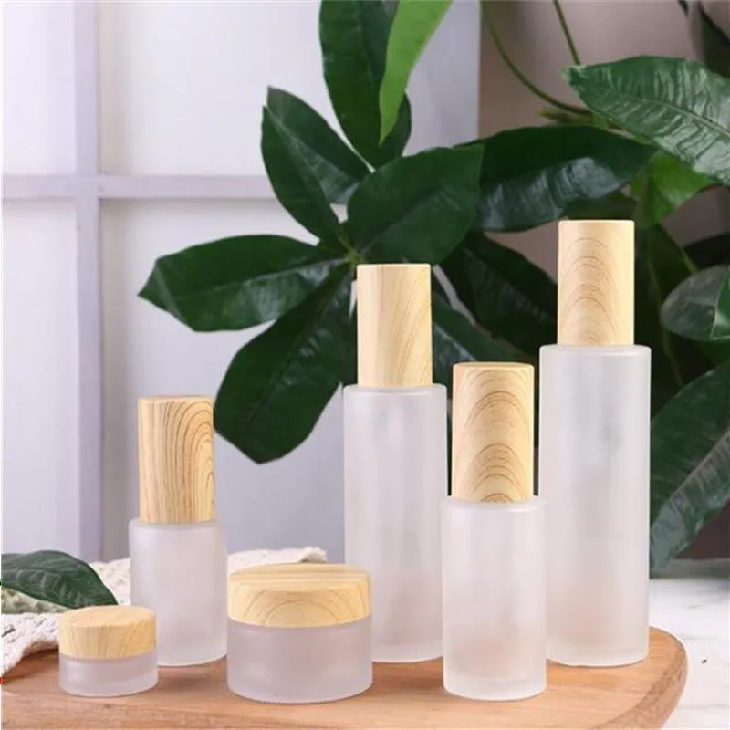 20 ml 30 ml 60 ml 80 ml 100 ml bouteille en verre givré crème cosmétique pot contenant des bouteilles de pulvérisation de lotion portable avec couvercle en bois imité Hgglb