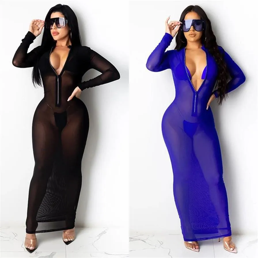 Casual Dresses Bkld Zipper Front Sexig V-ringad Kvinnor Mesh Sheer Long Sleeve BodyCon Party Night Clubwear Maxi Dress Ladies Sheath 20229i