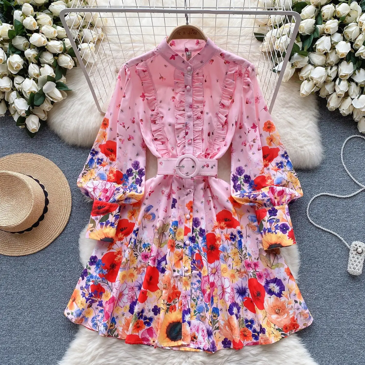 Grundläggande avslappnade klänningar 2024 En linjebanan Designer Cotton Linen Mini Dress Women Stand Lantern Sleeve Single Breasted Floral Print Belt Vacation Boho Vestidos