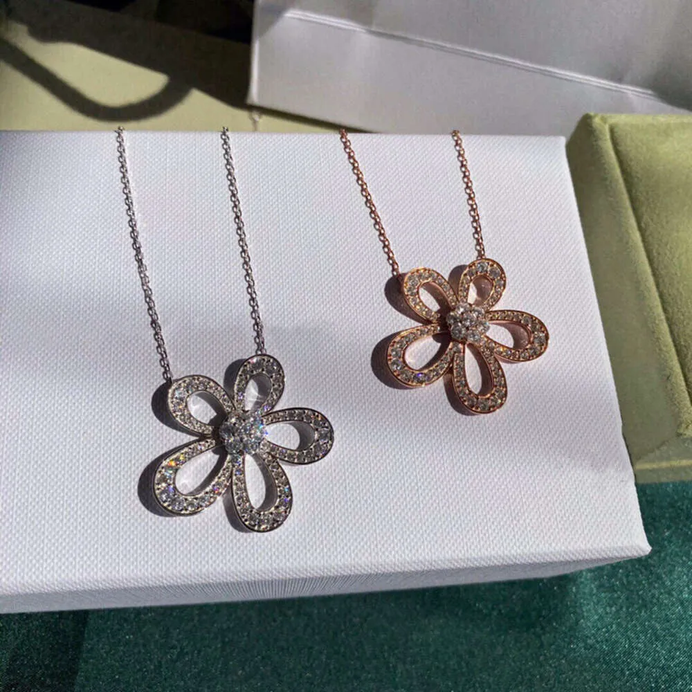 Van-Clef Arpes Ketting Designer Dames Originele Kwaliteit S925 Zilver V Gouden Fan Zonnebloem Volledige Diamant Camellia Hanger Vrouwelijke Sleutelbeenketting Grote Bloembloem