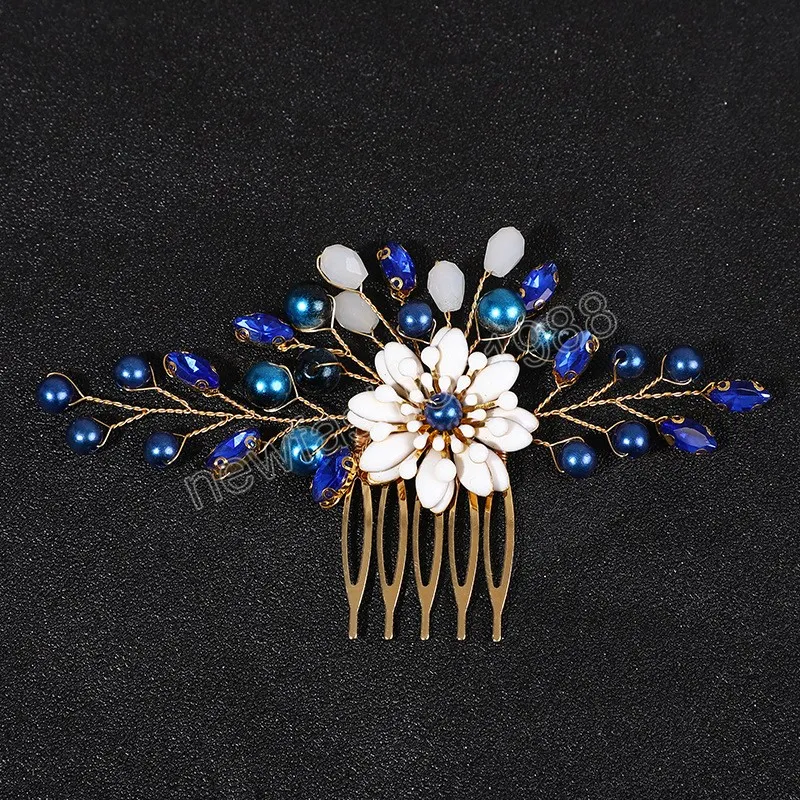 Blaue Kristall Haarnadel Hochzeit Haarkamm Perle Blumen Tiaras Mode Noiva Verlobung Haarschmuck Elegante Ehe De Bijoux