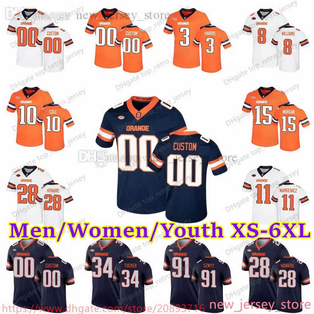 2023 Özel S-6XL NCAA Syracuse Turuncu Futbol Forması 10 Adrian Cole 34 Sean Tucker 91 Andre Szmyt 7 Andre Cisco 16 Carlos del Rio-Wilson 10 Justin Lamson Luke MacPhail