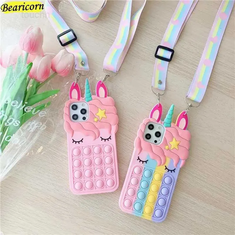 Handyhüllen Pop Fidget Toys Bubble Case für iPhone 11 12 13 Pro X Xs Max XR 6 6s 7 8 Plus 5 5s SE Mini Cartoon Einhorn Weiche Silikonhülle L230823