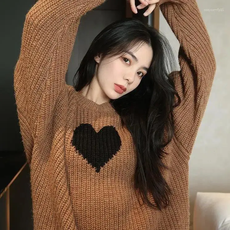 Kvinnors tröjor Autumn/Winter Japanes Japanes Love Coffee Sweater Women Top Student Loose Lazy Style Thicked Compatile Outerwear Knitwear