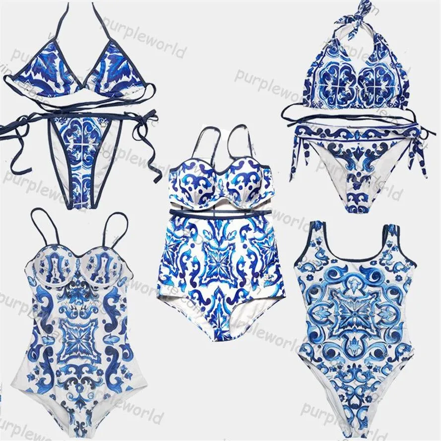 Damen-Bademode, blau-weißes Porzellan-Jacquard-Bikini-Set, klassischer Luxus-Designermode-Badeanzug247w