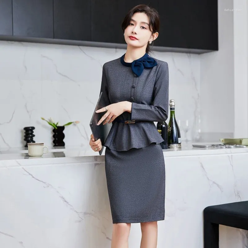 Casual Dresses Style Fashion Women Dark Grey Office Ladies Long Sleeve Ol Work Wear Party Clothes