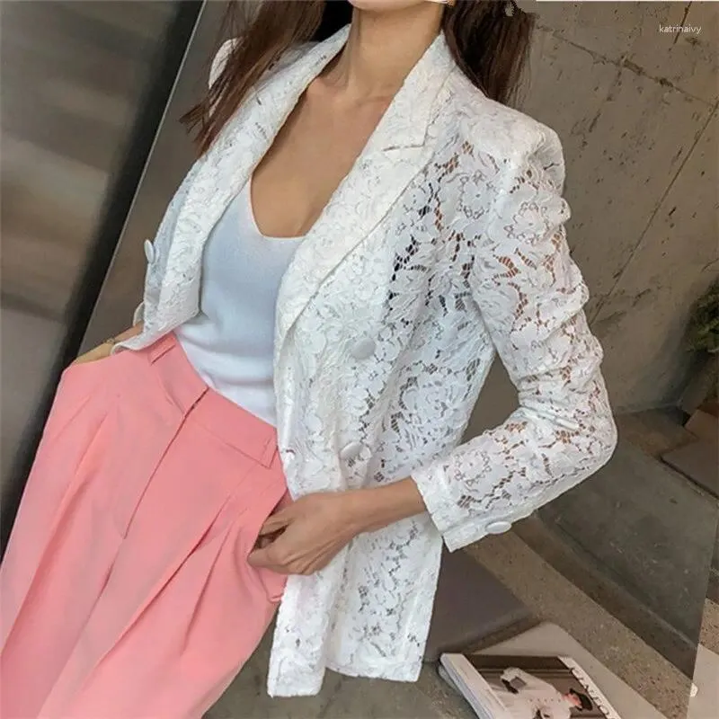 Women's Suits Women Lace Blazer Jacket Spring Summer Autumn Fashion Casual Elegant Slim Long Sleeve Office Black White Thin