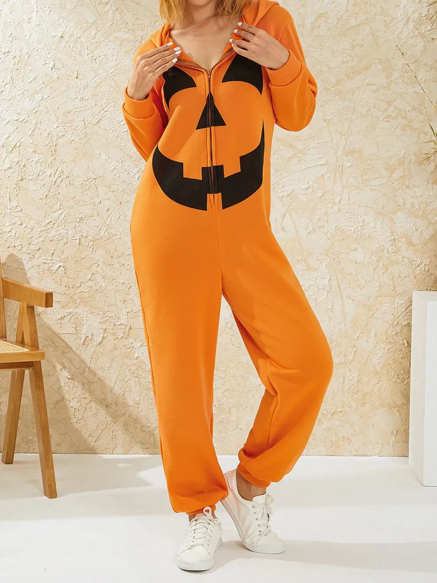 Tute da donna Pagliaccetti Donna Uomo Halloween Coppia Tuta Stampa zucca Manica lunga Zip Con cappuccio Pagliaccetto Pigiama Indumenti da notte Costumi Cosplay 231013