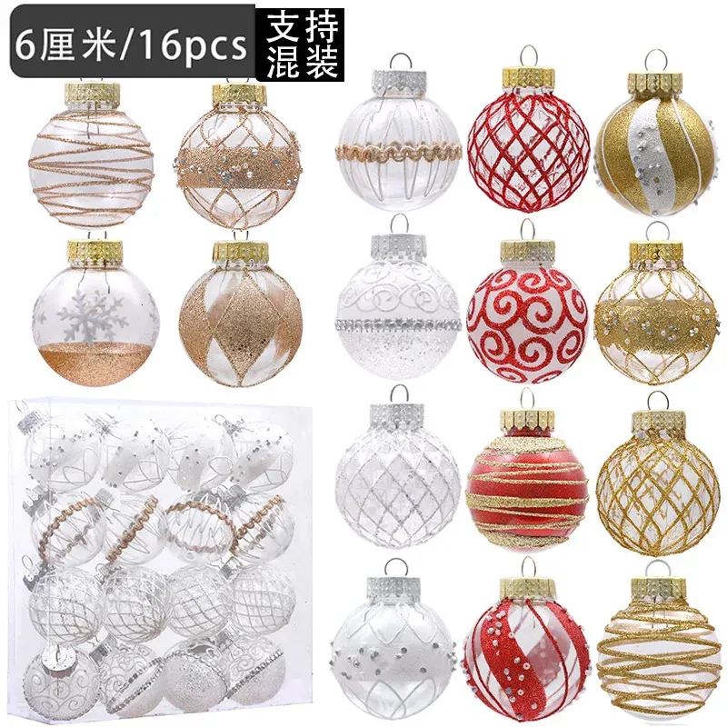 Juldekorationer Julboll Transparent Ball Gold Plated Powder Pendant Pet Box 6CM7CM Hollow Round Plastic Christmas Tree Decoration 231013