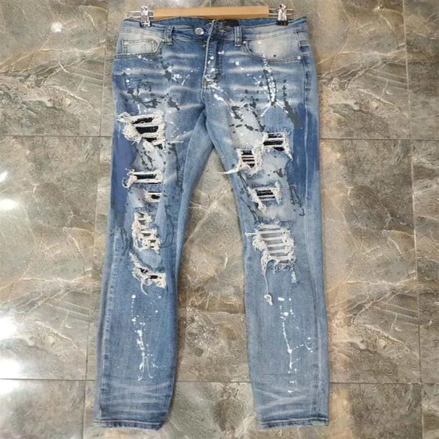 Nya design Vintermens jeans högkvalitativa designer sprayfärg skarvad rippad high street förstörda denim jeans us size w28-w40195e