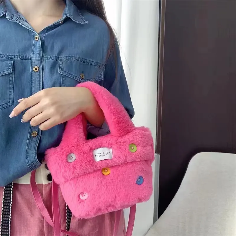 Nieuwe pluche rugzak imitatie konijnenhaar kleine draagtas knop handheld ontwerp schattige kleine vierkante tas kinder crossbody fuchsia stijl