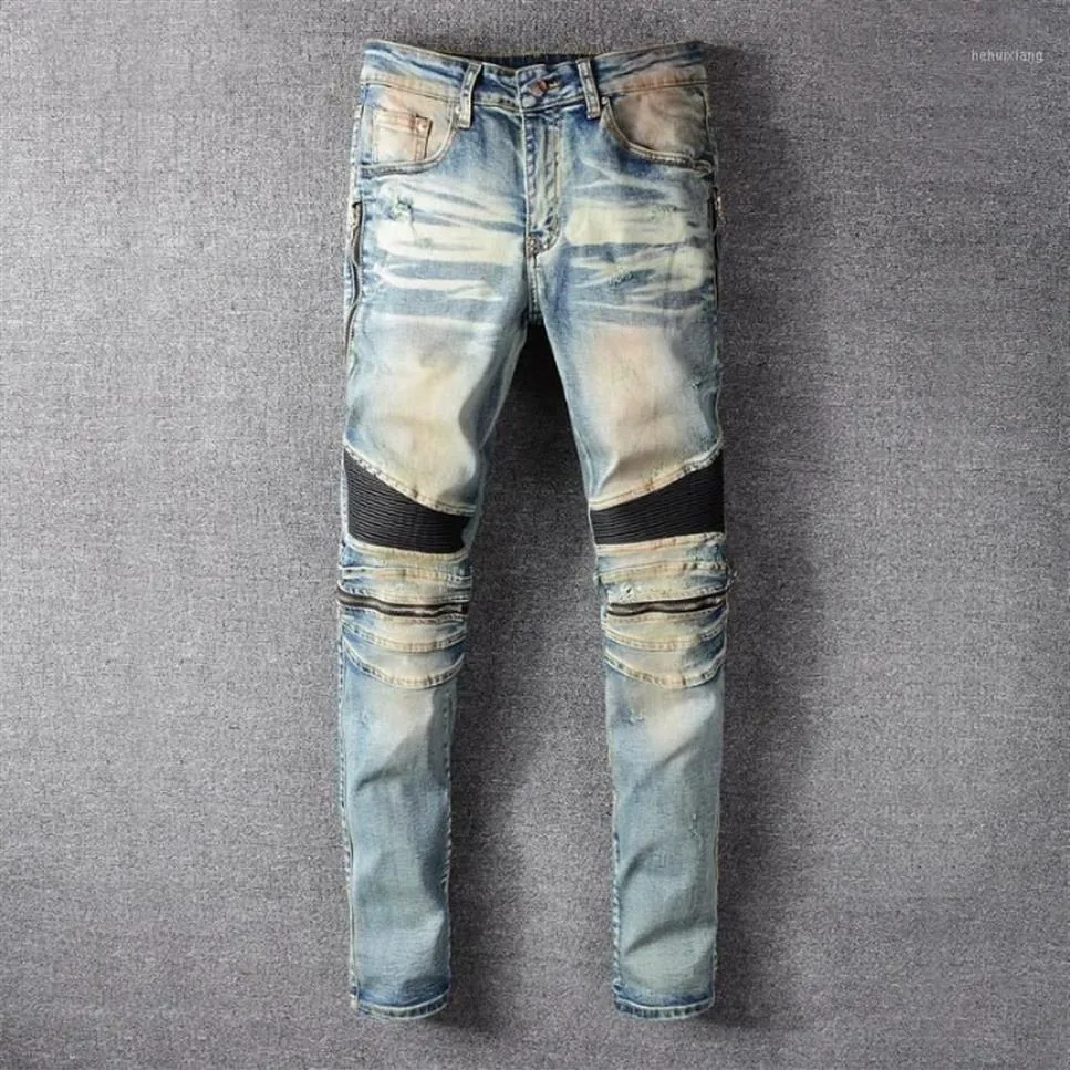 Jeans da uomo 2021 Vintage Punk Impiombato Uomini Cerniera Pieghettato Designer Per Motorcyle Blu Streetwear Pantaloni Indossati Pantaloni227J