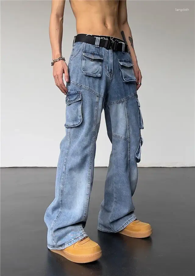 Herrenhosen Amerikanische Y2K High Street Retro Overalls Denim Multi-Pocket Wide-Leg Paar Hip-Hop Ins Lose Gerade Hosen Für Männer Und Frauen