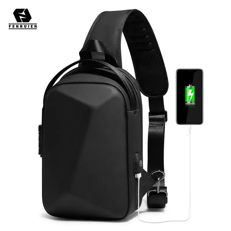 Midjepåsar Fenruien Mens Bag axel Multifunktion Antitit Vattentät Male Crossbody Casual Short Trip Chest Pack USB Laddning 231013