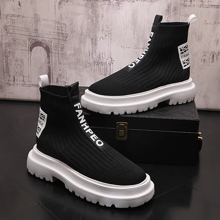 2024 Breathable Knit Upper Men s Sport Shoes High Top Running Sneakers with Black White Color Lace Up Soft Leather Platform for Spring Fall