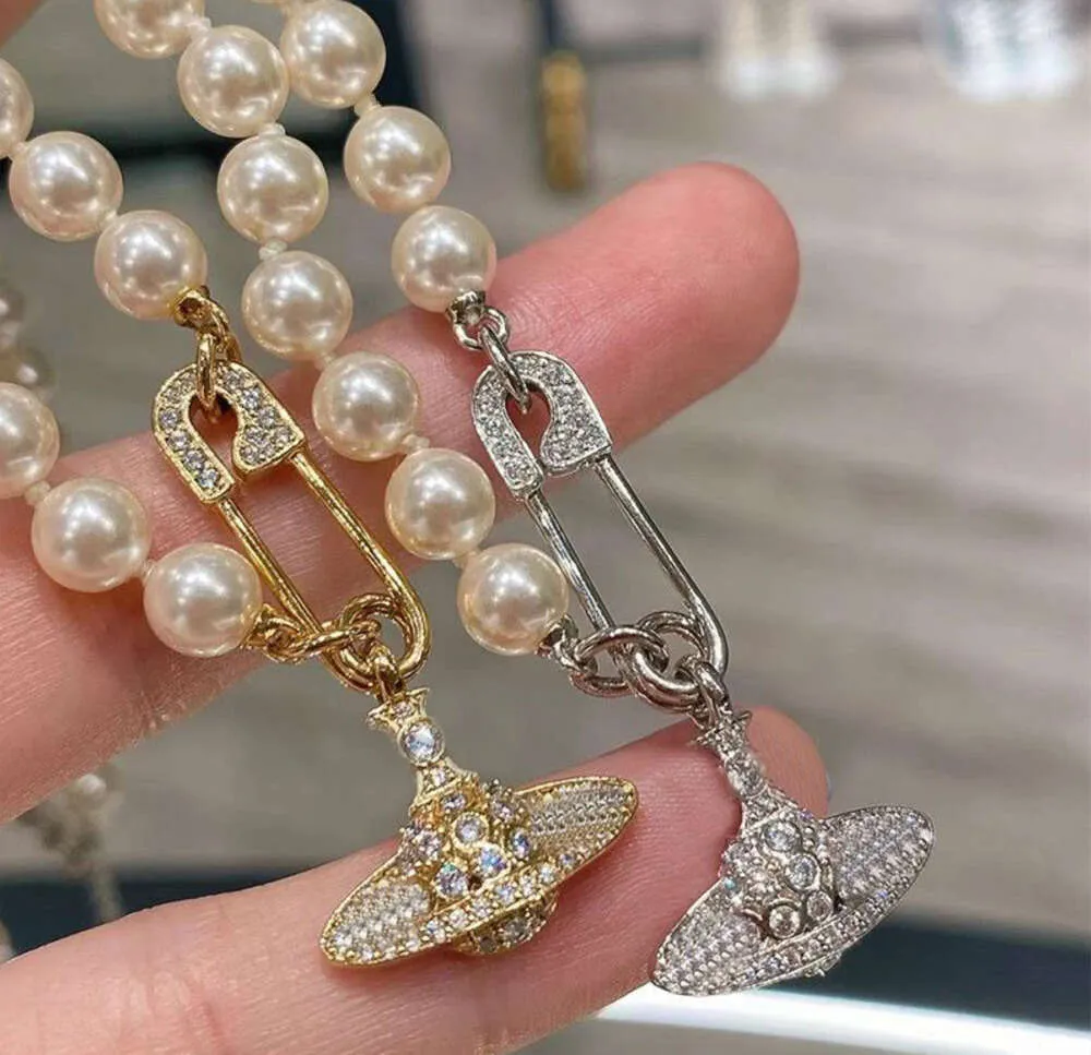 Najwyższej jakości Premium Pin Pearl Naszyjnik Naszyjnik 925 Srebrny pełny diament Viviene Westwood Naszyjnik Łańcuch dla kobiet