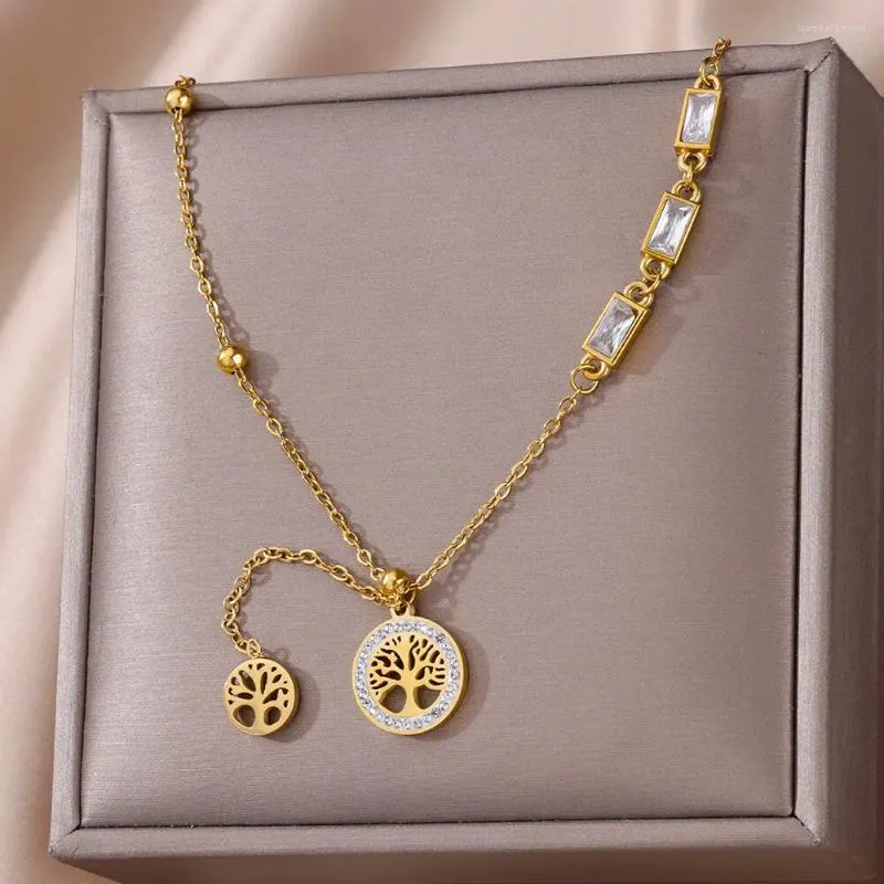 Hänghalsband Zircon Tree of Life Halsband för kvinnor rostfritt stål guldfärg charm kvinnliga vintage smycken tillbehör