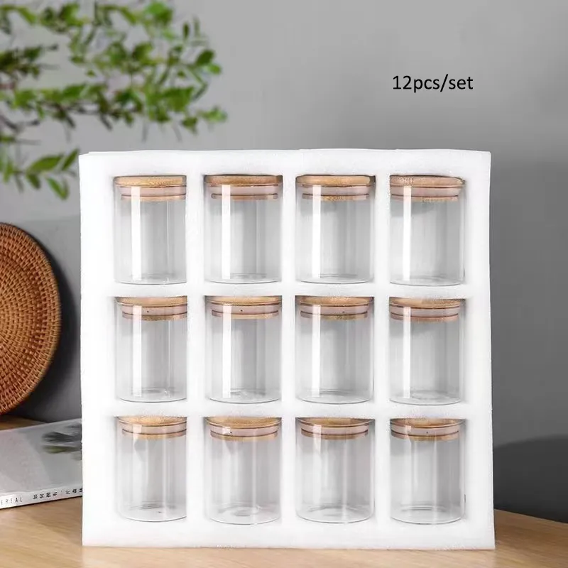 1set 12pcs, küçük kapasiteli gıda depolama kavanozu, Bambu kapağı ile mühürlü atıştırmalık teneke