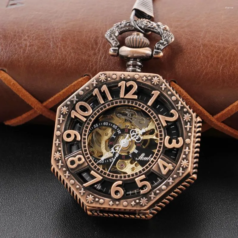 Zegarki kieszonkowe Czerwony i antyczny arabski cyfrowy Hollow Mechanical Watch Pamiątkowy prezent zegarowy z Timerem łańcucha FOB