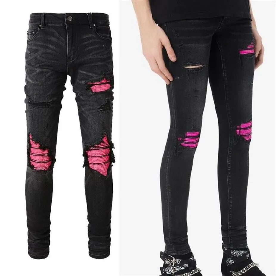 Jeans denim elasticizzati da motociclista taglia 40 di grandi dimensioni Uomo Hommes Toppe in pelle screpolata Gamba slim2201
