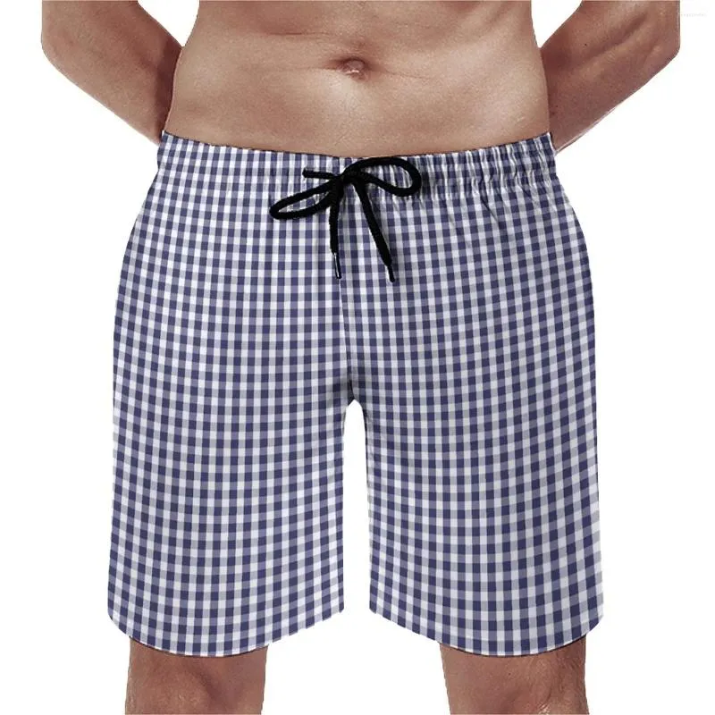 Shorts masculinos azul e branco gingham vintage calções de banho verificados homem secagem rápida esportes plus size praia