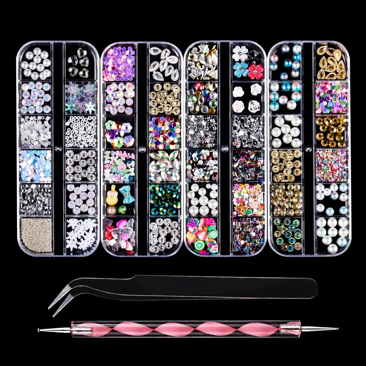 Nail Art Decorations 4 Boxes s 3D Multi Shapes Kit with Tweezer and Drill Pen 231013