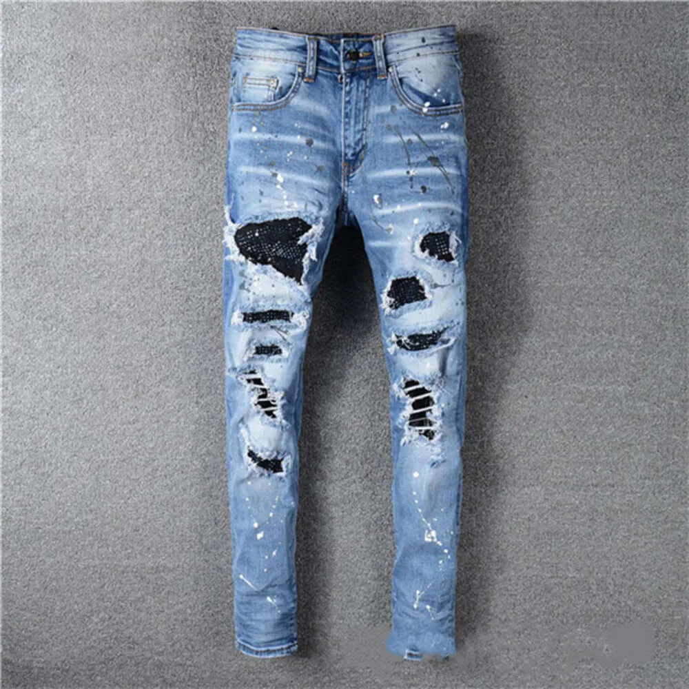 Jeans clássico impresso bordado designer mens jeans motocicleta buraco luxo denim street wear calças masculinasSML