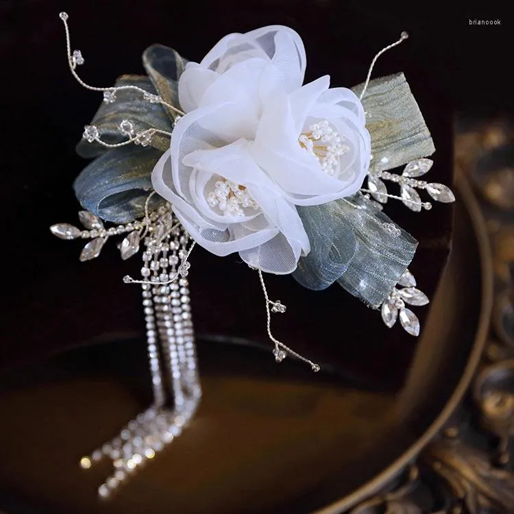Hårklipp brud smycken blommor blommig huvudstycke hårnål för brudar kvinnor kristall strass stift klipp bröllop tillbehör