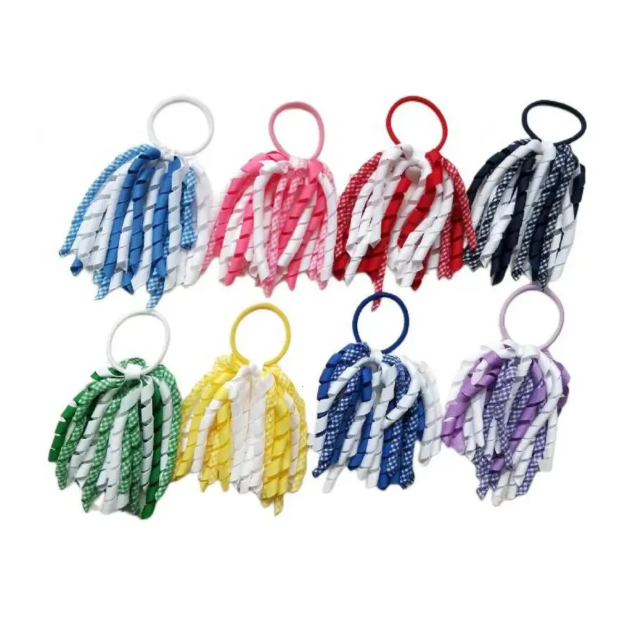 웨딩 헤어 보석 소녀 Gingham 곱슬 리본 Korker 탄성 헤어 밴드 포니 테일 홀더 5 "Plaid Corker Tassels Streamers 루프 헤어 Bobbles Ties 231013