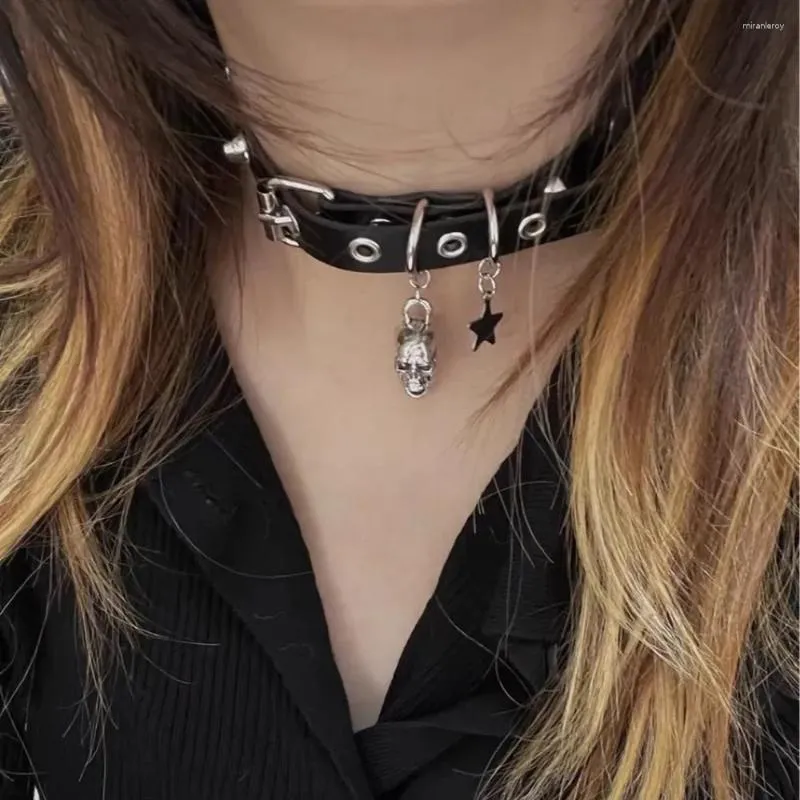 Choker Punk Skull Star Pendant Black Leather Necklace For Women Men Egirl Harajuku Gothic Halloween Y2K EMO Jewelry Accessories