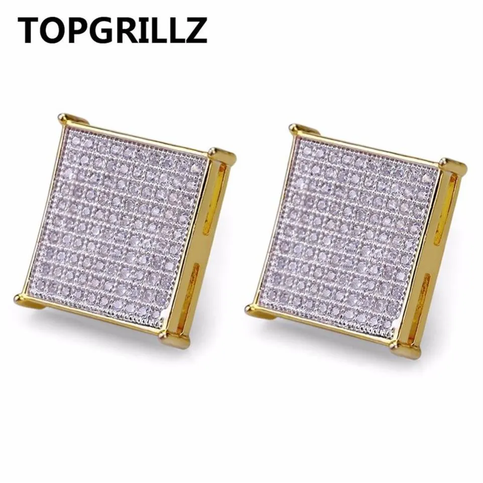 TOPGRILLZ Hip Hop Men's Bling Jewelry Earring Gold Color Iced Out Micro Pave Cubic Zircon Lab D Stud Earrings With Screw Back263c