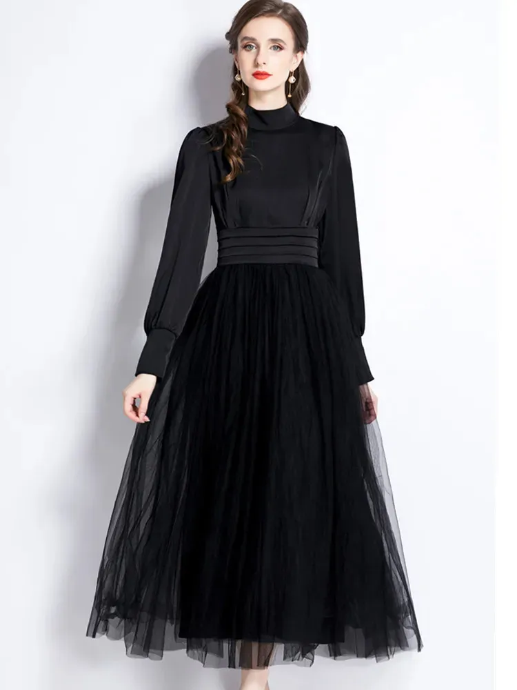 Basic Casual Dresses Womens High Waist Lantern Sleeve Mesh Patchwork Princess  Dress Vintage Elegant Party Dress With Stand Collar From Join3, $43.95 In  Bulk | DHgate.Com