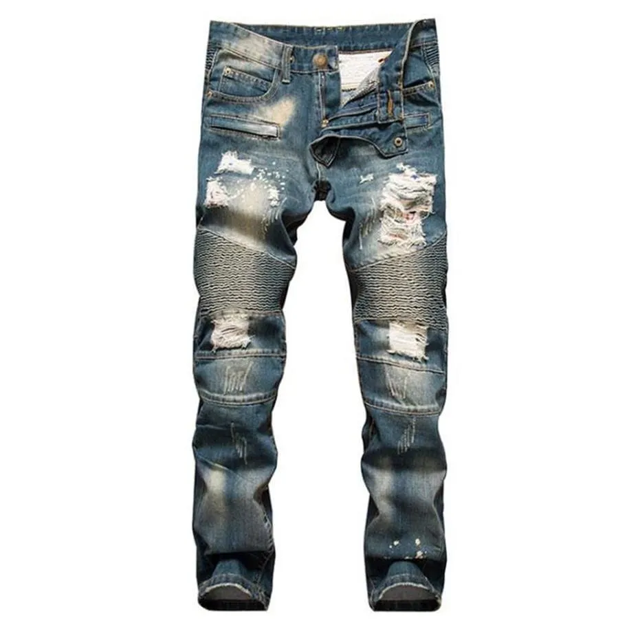 Męskie dżinsy męskie Zagniarni Spring Autumn Slim Fit Derech Denim Pants Mężczyzn Plised Motorcycle Biker Hip Hop Pantalon Homme 42 40197p