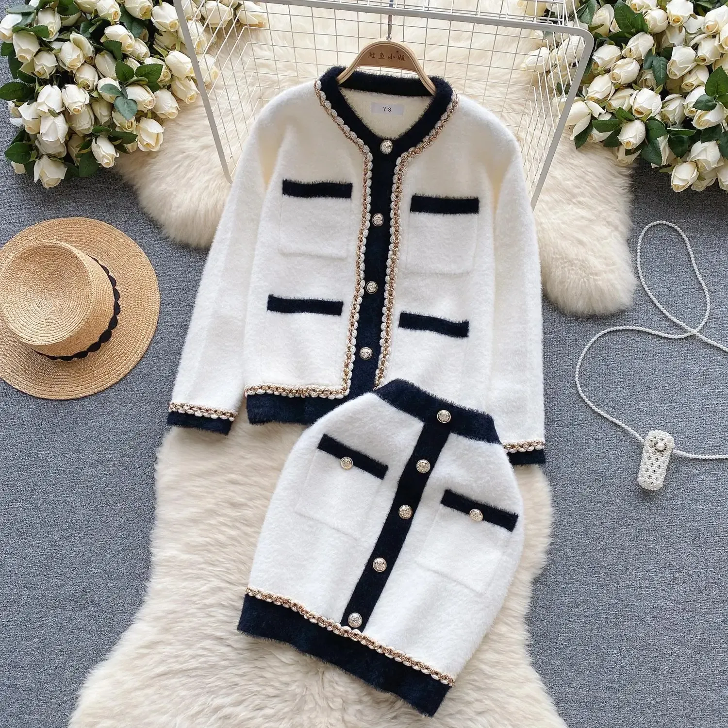 Tweed Vest Dress & Knitwear 2Pcs
