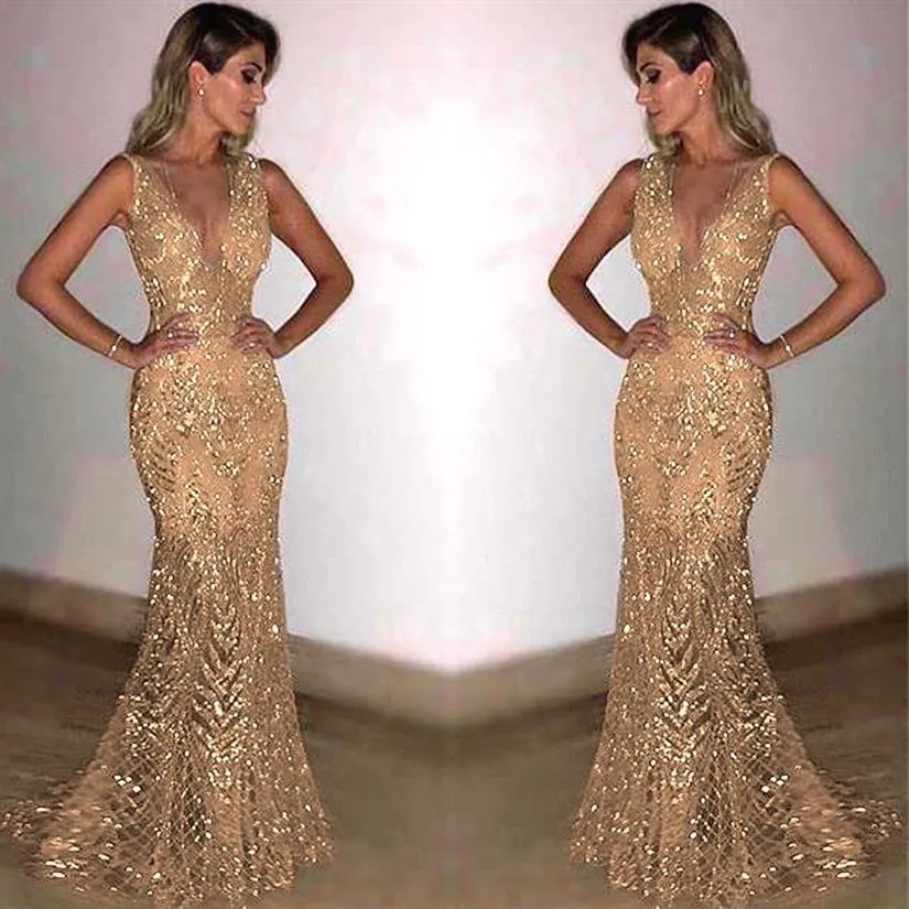 Vestidos informales Sexy Espalda abierta Vestido maxi con lentejuelas Longitud del piso Sin mangas Sin tirantes Cuello en V profundo Fiesta de sirena Champagne Gold Silve290H