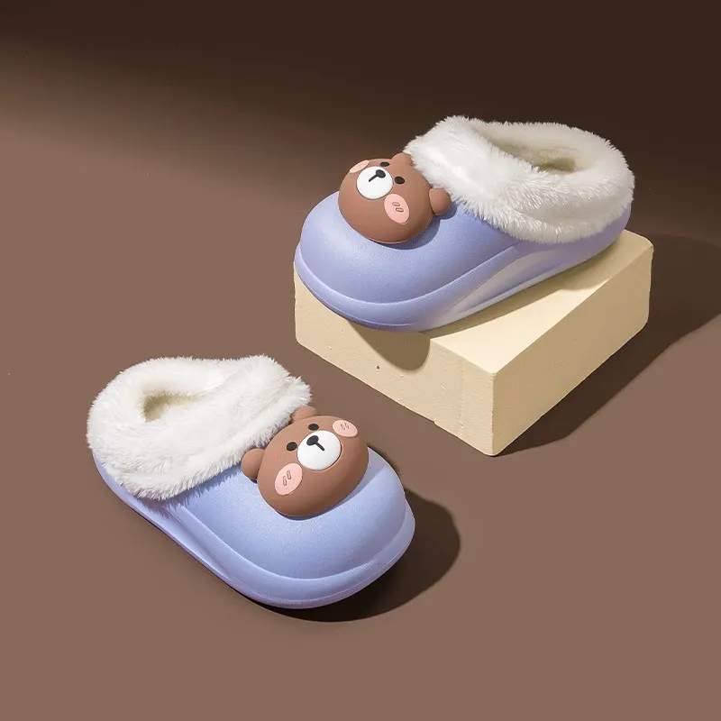 Children's cotton shoes baby cartoon furry slippers winter boys and girls cute indoor warm cotton slippers with cashmere blue