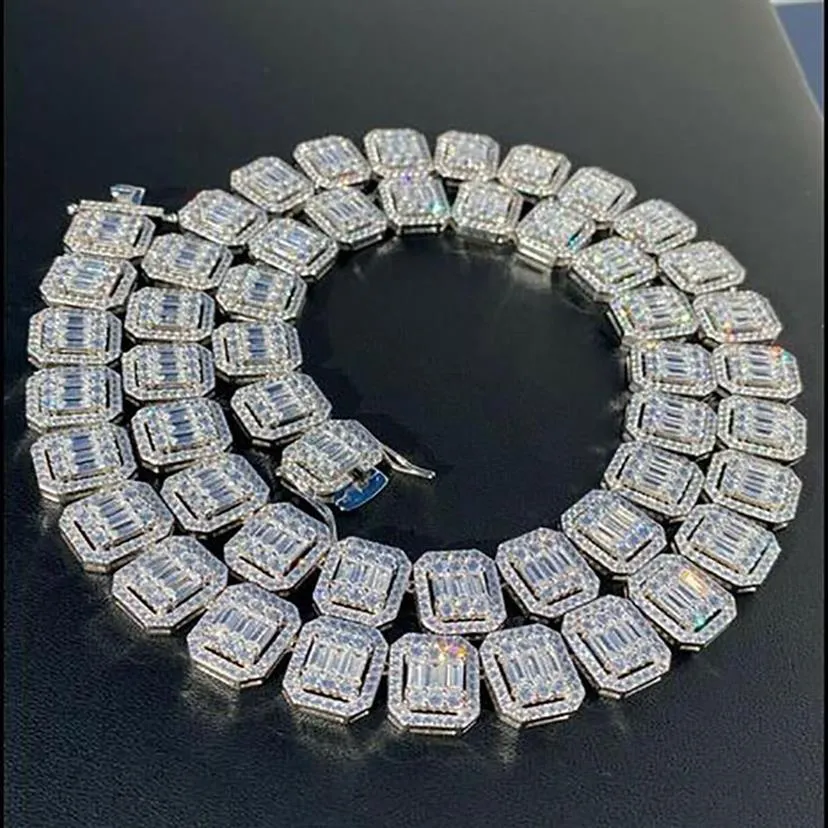 Prawdziwy mrożony srebrny bagietka łańcuch tenisowy 14K biały złoto Plated 9 mm mężczyzn Kobiety Diamentowy naszyjnik Choker Hip Hop Biżuter