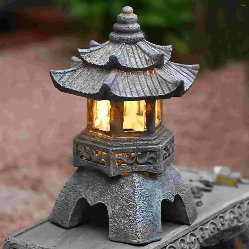 Gartendekorationen Statue Solarleuchten Harz Zen Pagode Laterne Asiatisches Dekor für Terrasse Rasen Weg Mond