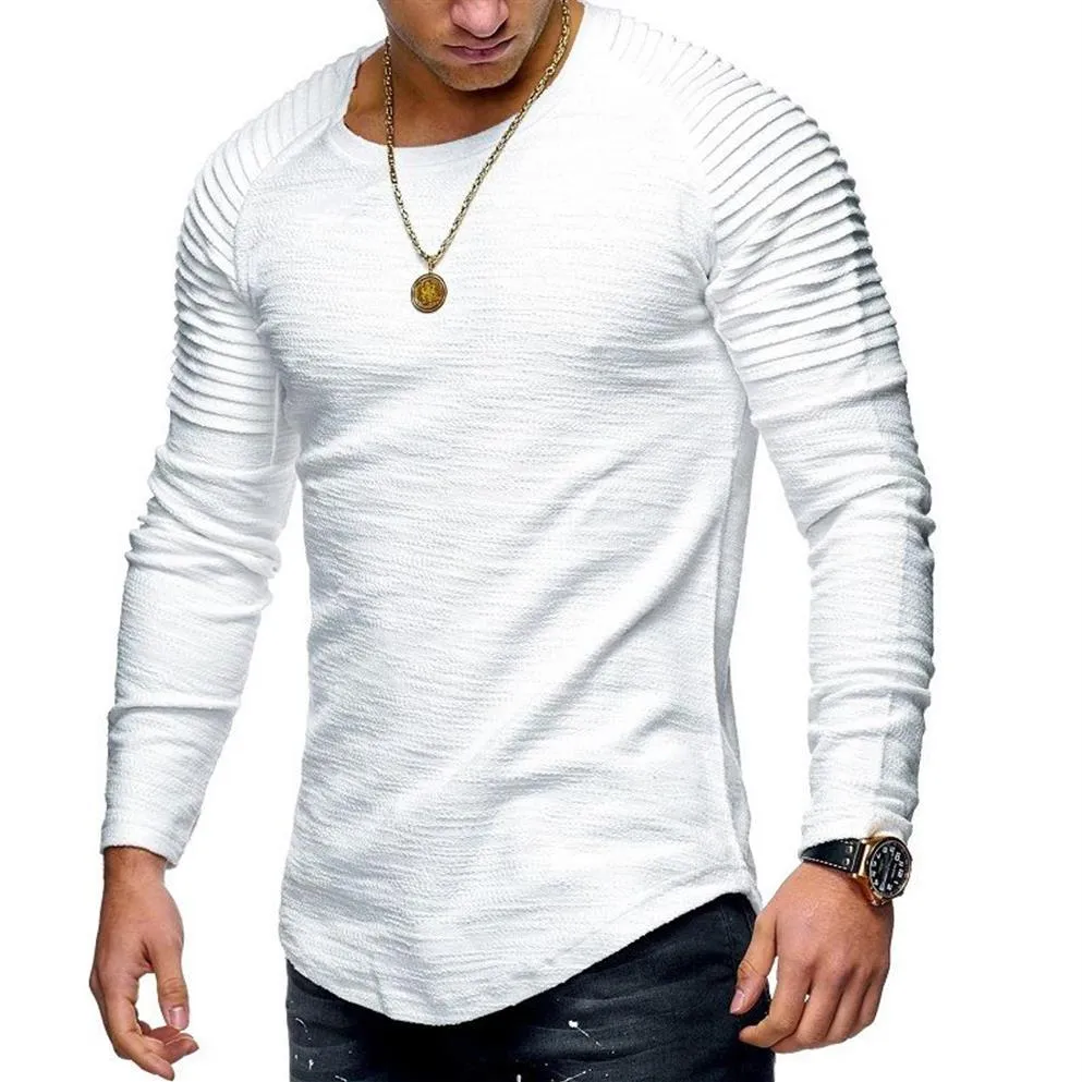 T-shirts pour hommes plissés froissés Slim Fit O cou à manches longues Muscle solide décontracté hauts chemises été basique t-shirt nouveaux hommes Clot3244