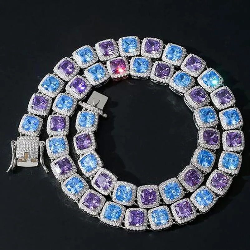 14K White Gold Plated 10mm Square Cut Blue &Purple Ruby Diamond Tennis Chain Necklace CZ Gemstone Diamond Hip Hop Jewelry259C