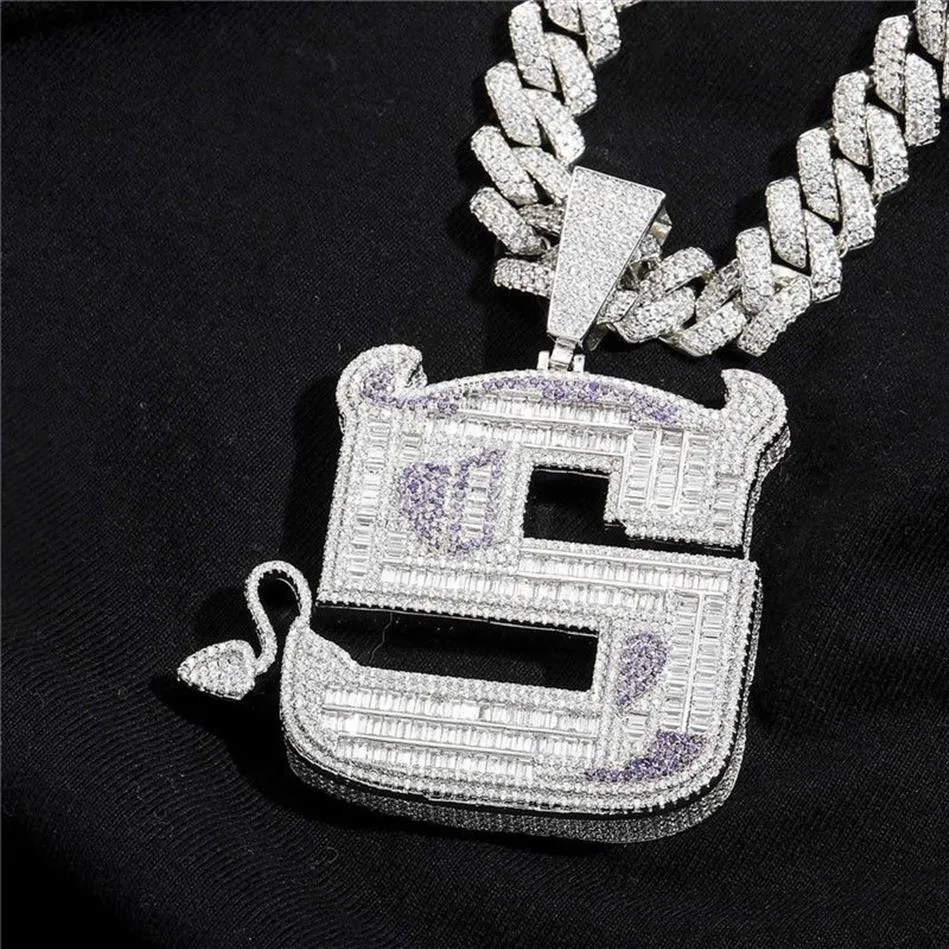 Stor storlek isad full zirkon lilla djävulen hänge s brev hip hop hänge halsband bling smycken gåva246h