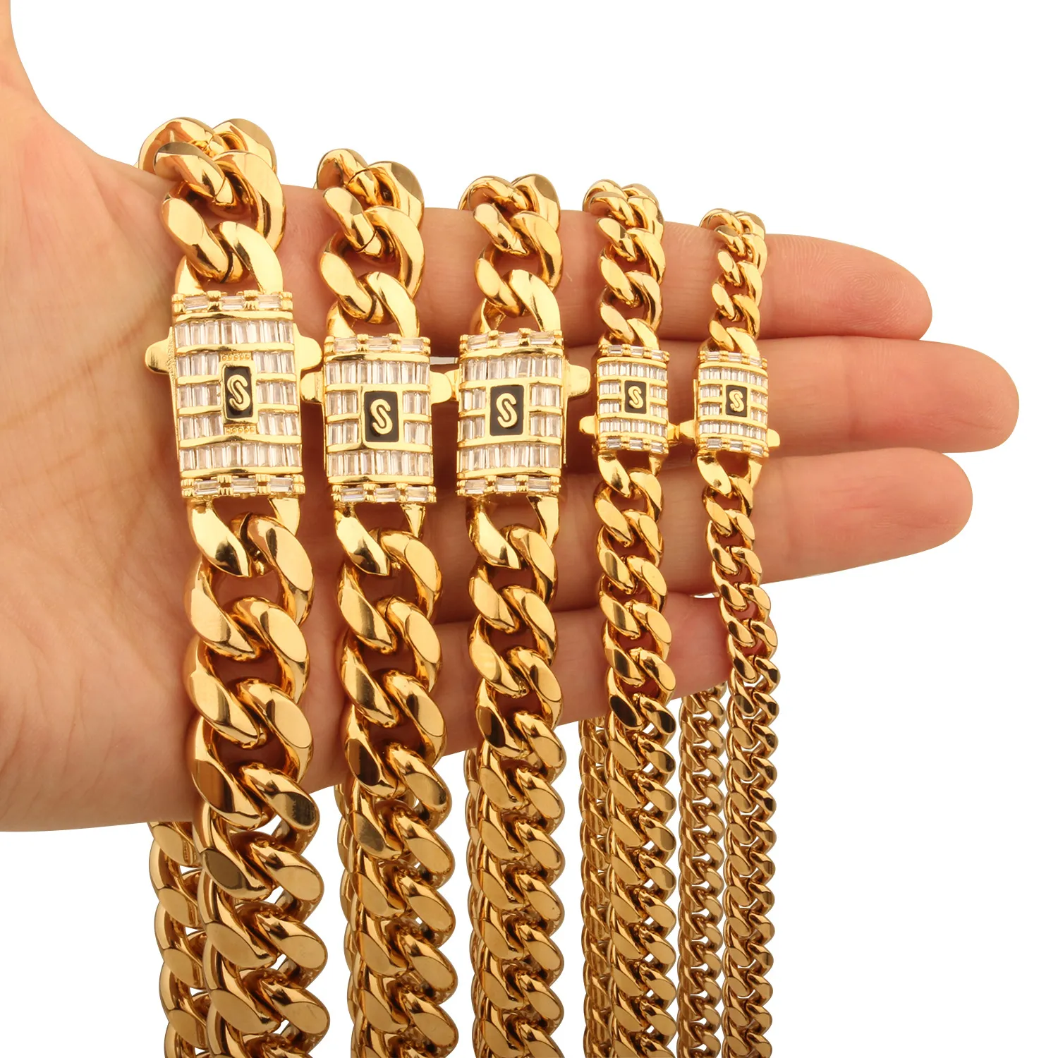 6mm-14 mm hip hop stal nierdzewna Miami Cuban Link Naszyjnik 18K Real Gold Pleated T cyrkon