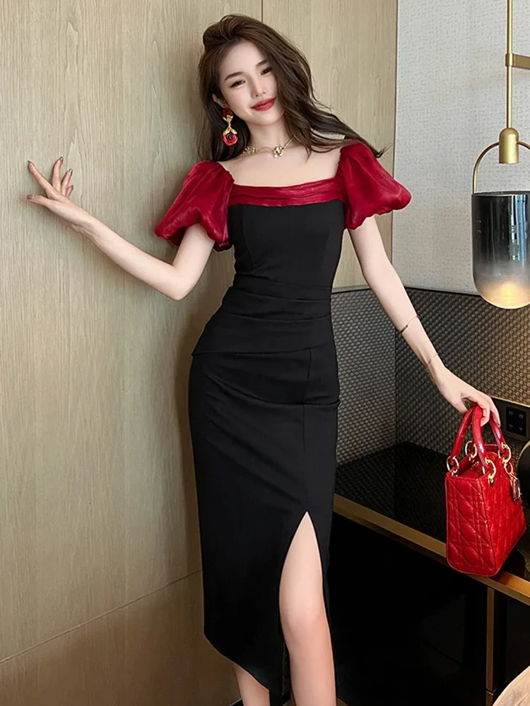 Summer Women's Basic Maxi Dress with French Panelled Sleeves, Folds, and Split Robe - Elegant Black and Red for Evening Parties and Special Occasions