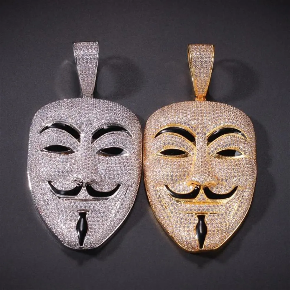 Naszyjniki wiszące duże rozmiar maski V na Vendetta Hip Hop Pełny mrożony sześcienne łańcuch Naszyjka z cyrkoniem sześcien