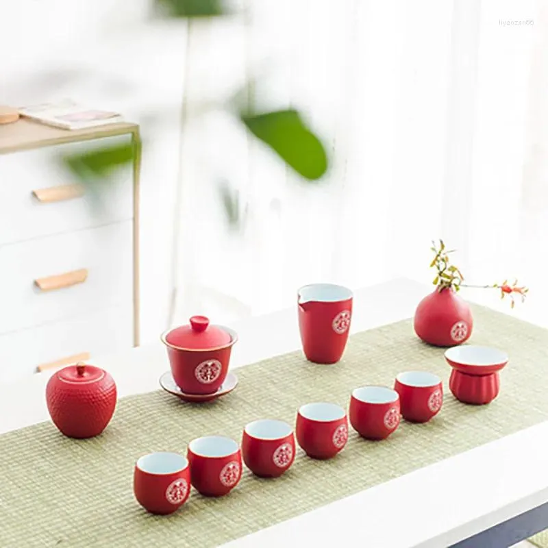 Ensembles de thé avec filtre en céramique, théière et tasse de ménage, Style chinois, cadeaux souvenirs de pendaison de crémaillère rouge pour mariage