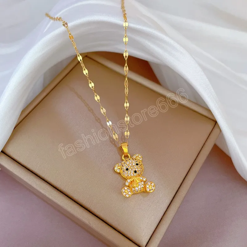 316l aço inoxidável romântico doce 3d geométrico cristal urso colar para mulheres elegantes correntes femininas jóias accseeories