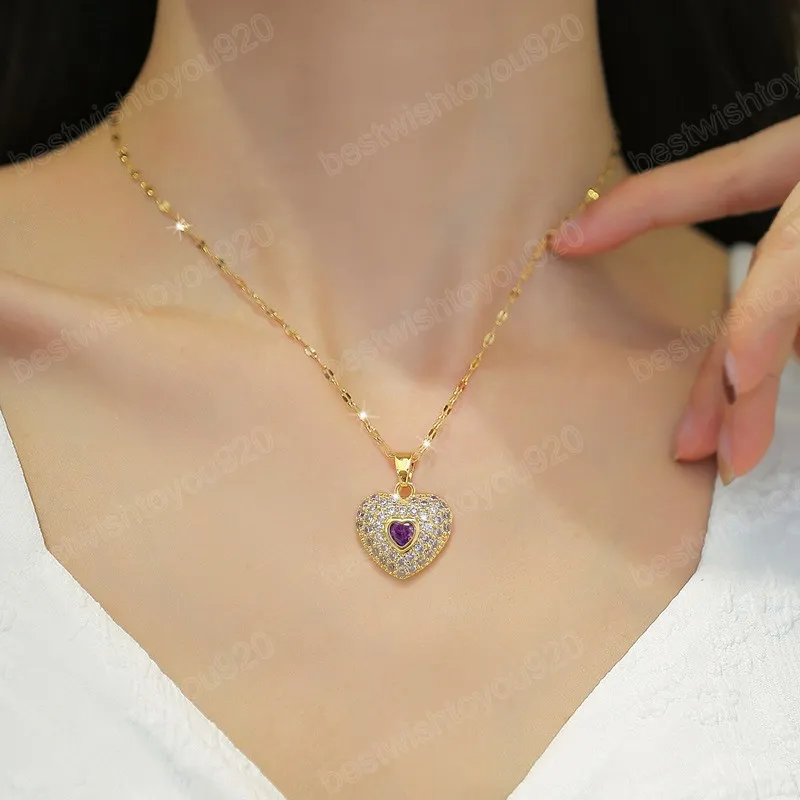 Purple Cubic Zirconia Heart Shape Necklace for Women Stainless Steel Link Chain Crystal Pendant Banquet Wedding Jewelry Gifts