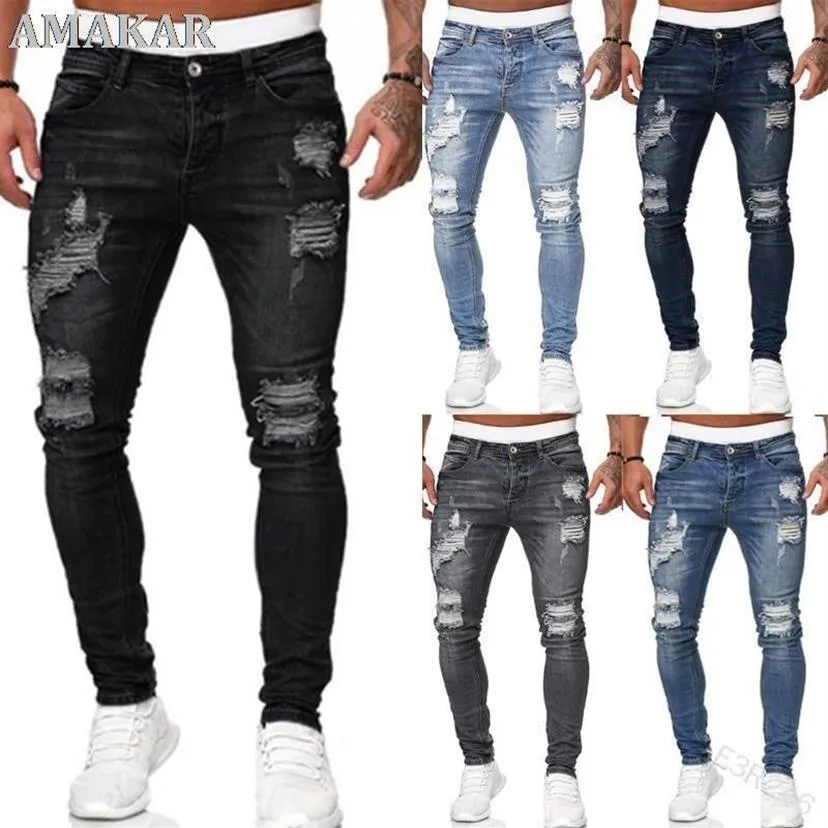 Men's Jeans 2021 Cool Ripped Skinny Trousers Stretch Slim Denim Pants Large Size Hip Hop Black Blue Casual Jogging For Men235J