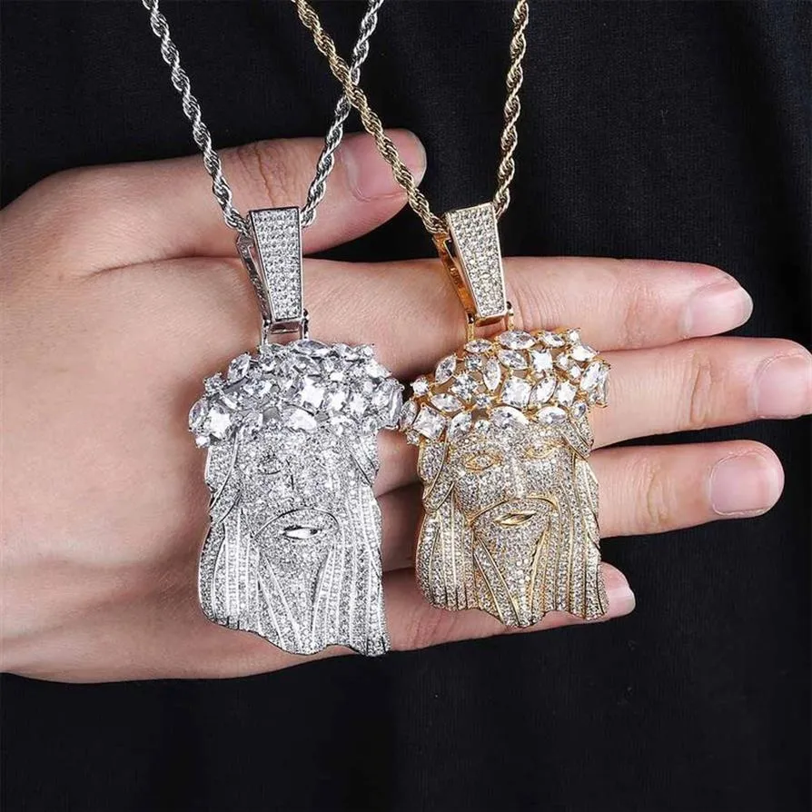 Toppkvalitet 18K Gold Cubic Zirconia Big Jesus Portrain Necklace Pendant Iced Out CZ Cuban Chains Hip Hop Rapper smycken gåvor för 223b