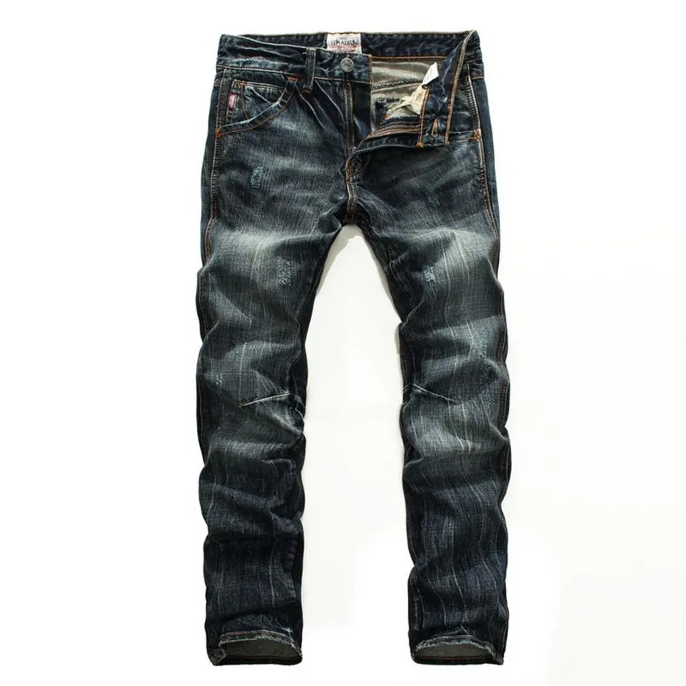 Trendig nostalgisk frayed jeans mäns retro vintage rak skrapa tvättade svart jean casual mid-midjig ungdom långa denim byxor 289u